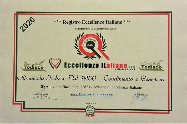 oleificio todisco certificato eccellenze italiane n 12823